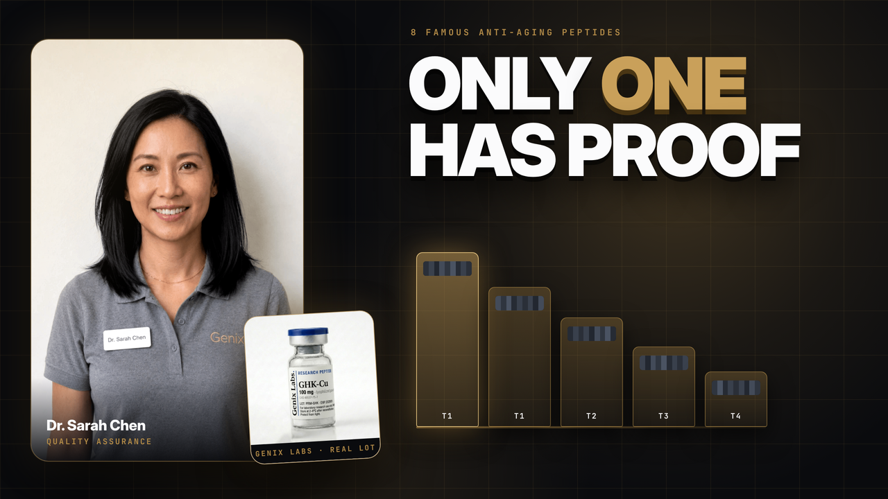 Best peptides for anti aging ranked by evidence tier, showing a Genix Labs GHK-Cu 100mg vial beside a five step evidence ladder from human trial down to cell culture