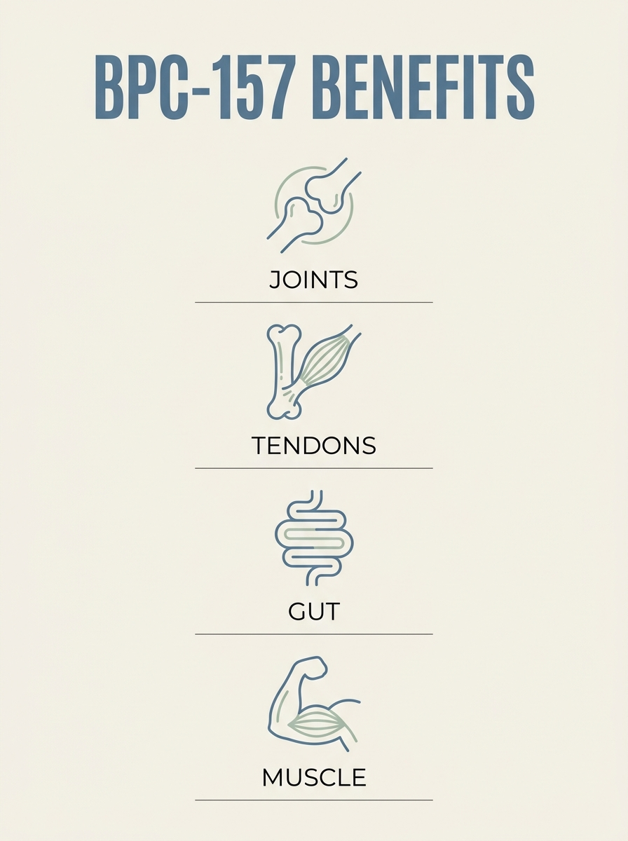 Infographic of BPC-157 benefits: joints, tendons, gut, and muscle repair