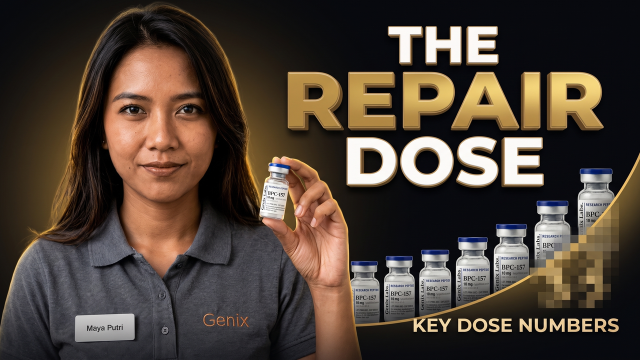 BPC-157 dosing research overview with a Genix Labs BPC-157 vial and a rising dose chart