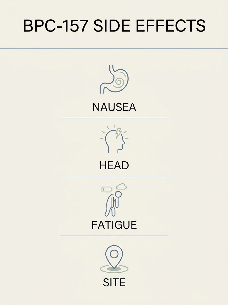 Infographic listing common BPC-157 side effects: nausea, headache, fatigue, and injection site