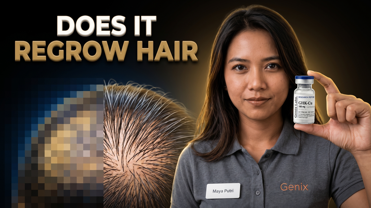 Copper peptide for hair loss, with a Genix Labs GHK-Cu copper peptide vial and a scalp density graphic