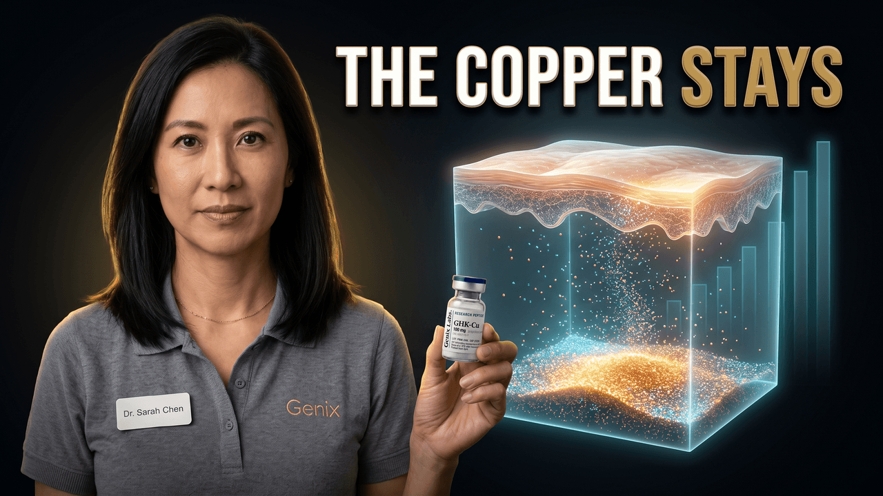 GHK-Cu side effects explained, showing a Genix Labs GHK-Cu 100mg vial beside a glowing cross-section of skin where copper particles settle and accumulate instead of clearing