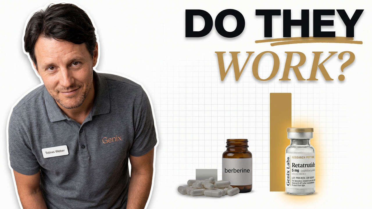 GLP-1 supplements compared to a real Genix Labs retatrutide research peptide vial with whole foods
