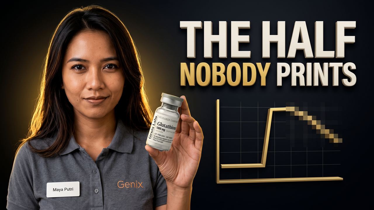 Glutathione benefits graded by evidence, showing a Genix Labs glutathione vial beside a curve of body glutathione stores rising during supplementation and falling after withdrawal