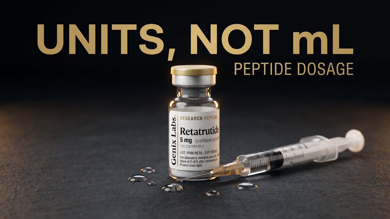 How to calculate peptide dosage: a reconstituted vial, bacteriostatic water and an insulin syringe with the draw volume marked