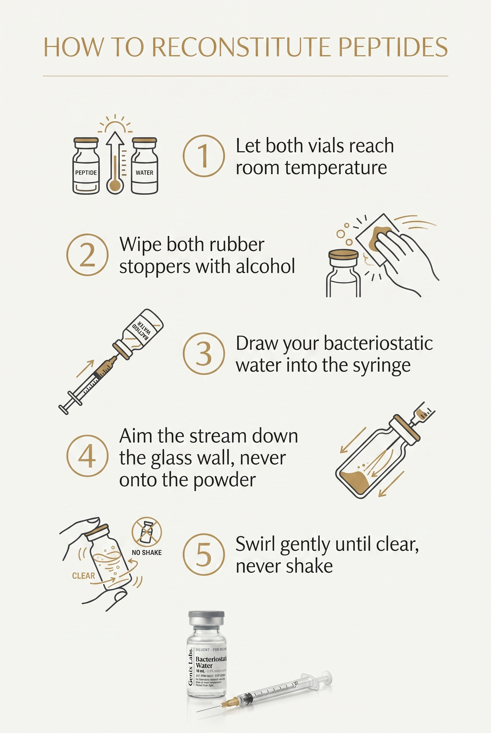 How to reconstitute peptides infographic: five steps from room temperature to swirling the vial clear, never shake