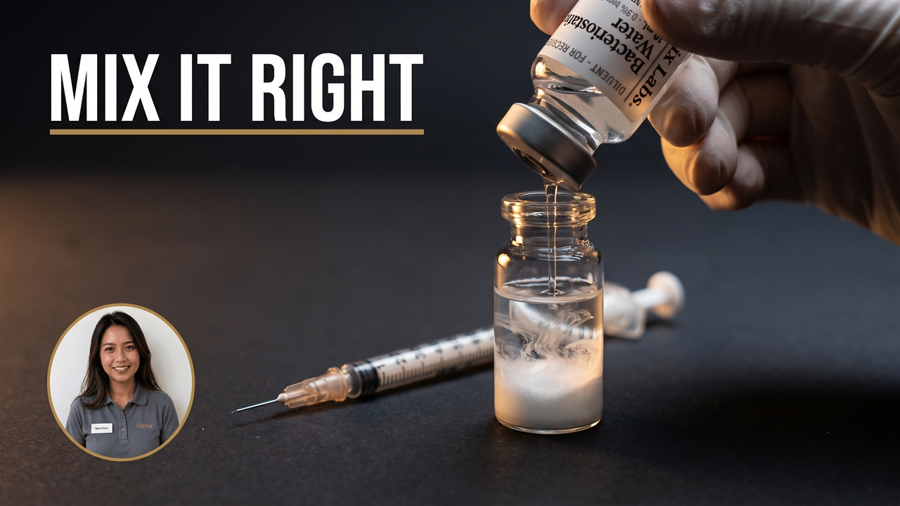 How to reconstitute peptides: bacteriostatic water being added down the wall of a peptide vial holding white powder