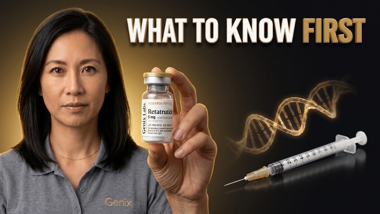 Peptide injections explained, with a lab-tested Genix Labs research peptide vial and syringe