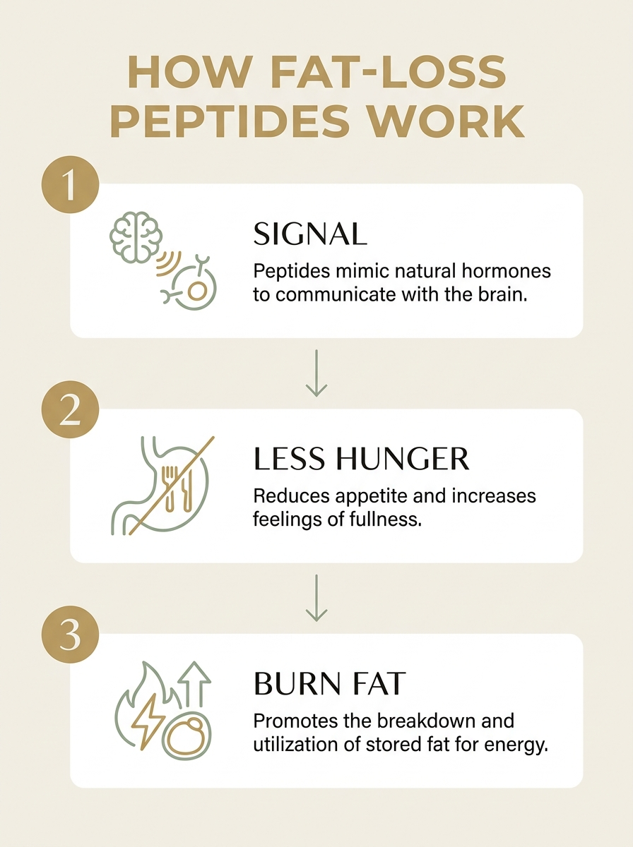 Infographic showing how fat-loss peptides work in three steps: signal, less hunger, burn fat