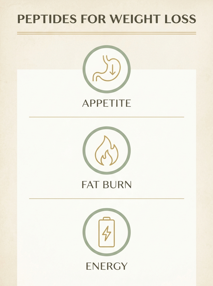 Infographic showing the three jobs of peptides for weight loss: appetite, fat burn, and energy