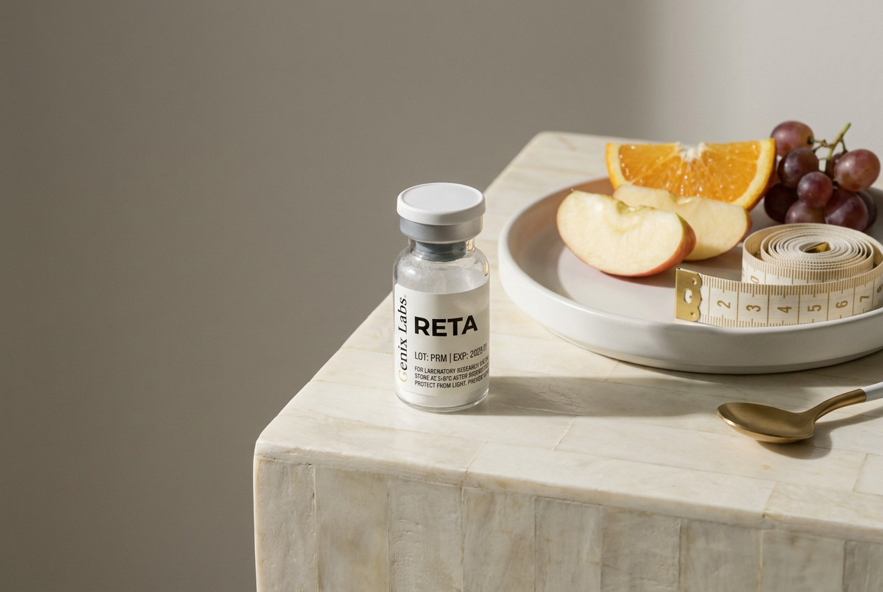 A Genix Labs retatrutide vial on a bone surface beside fresh fruit and a measuring tape