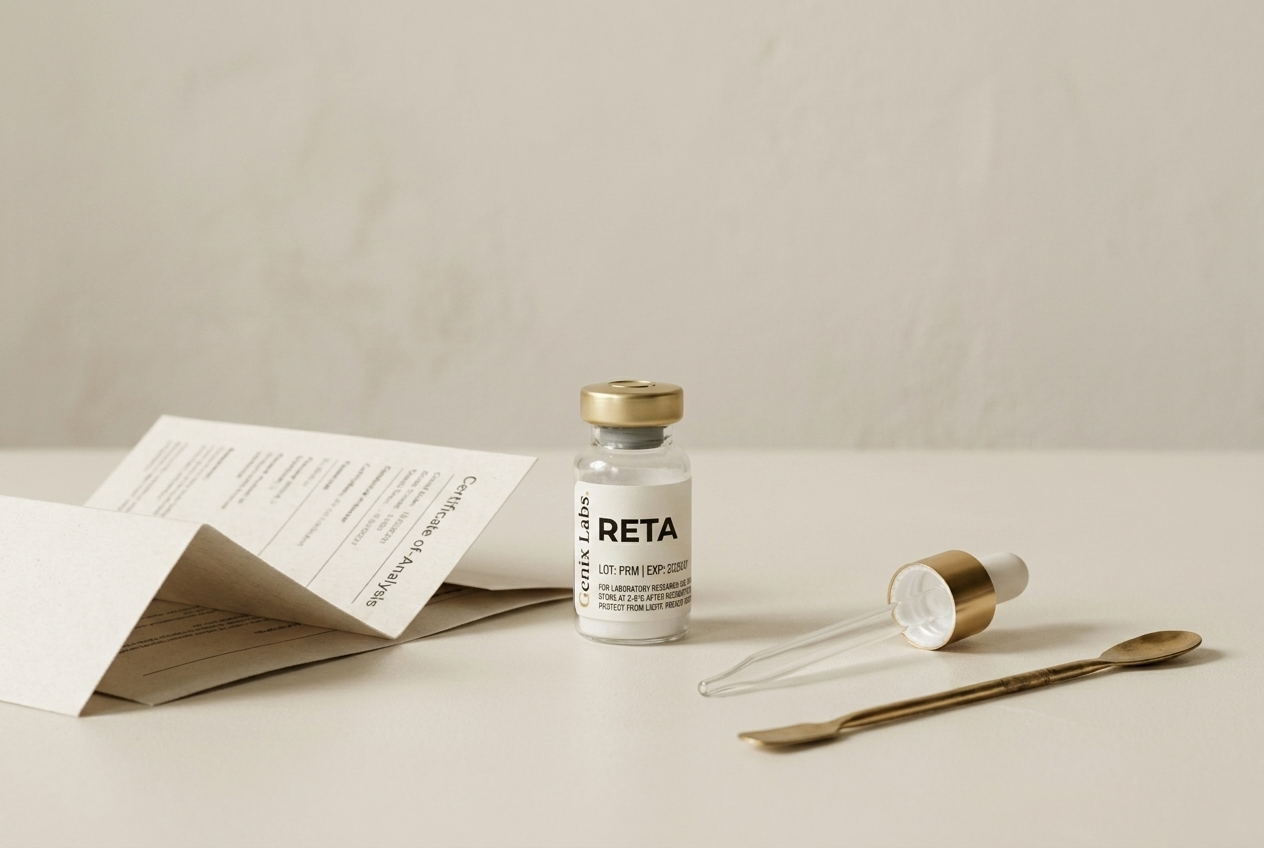 A Genix Labs retatrutide vial beside a certificate of analysis and a lab pipette
