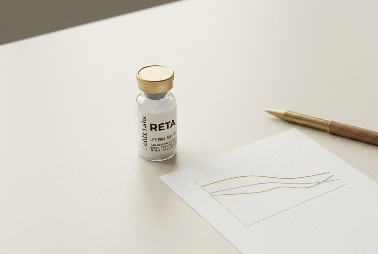 A Genix Labs retatrutide vial beside a printed chart with descending weight-loss trend lines