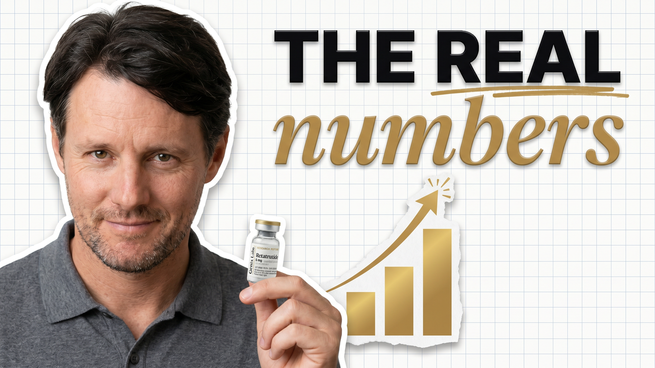 Retatrutide results guide: research vial beside a rising weight-loss curve from the clinical trials