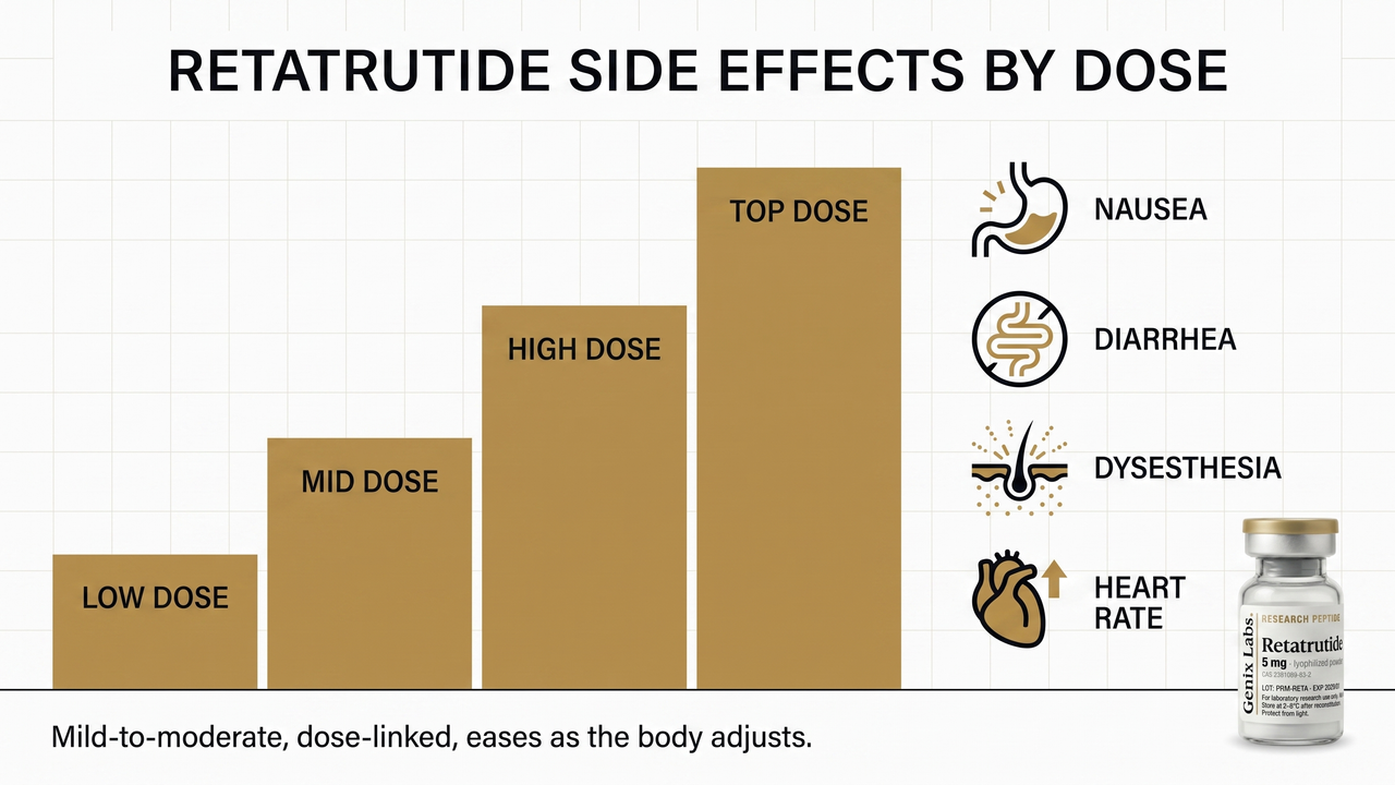 Infographic of retatrutide side effects by dose: nausea, diarrhea, dysesthesia and heart-rate change rising with the dose