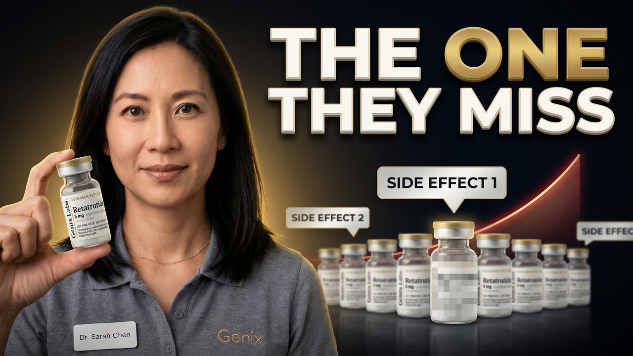 Retatrutide side effects guide: research vial with a dose-linked side-effect chart