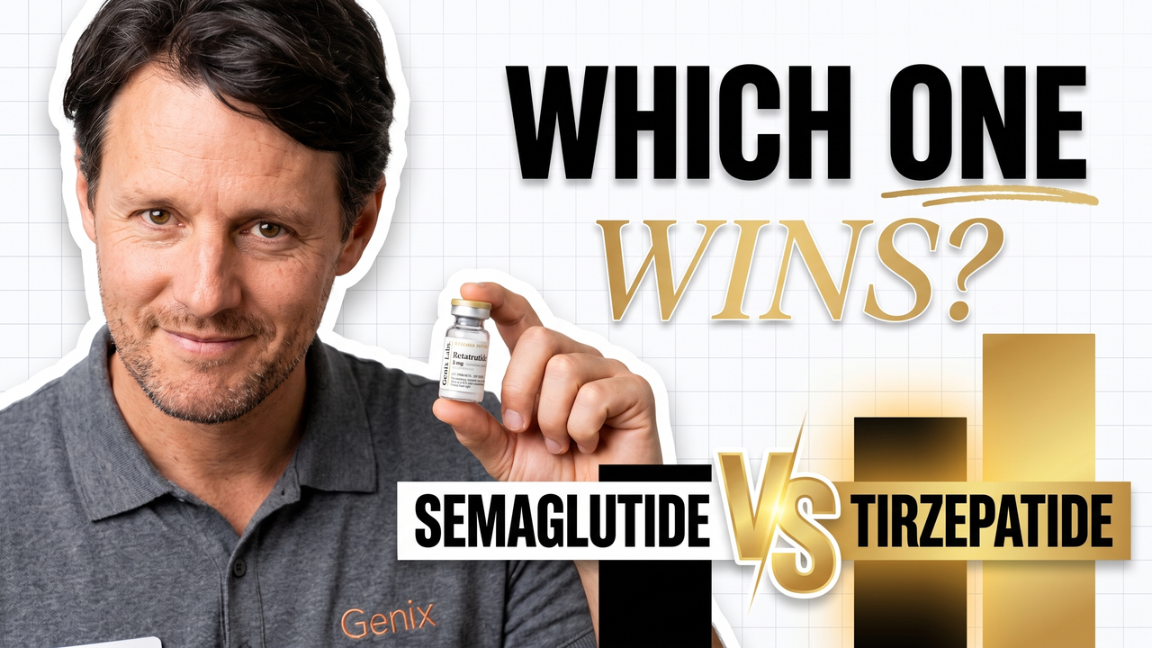 Semaglutide vs tirzepatide comparison with a Genix Labs retatrutide research peptide vial