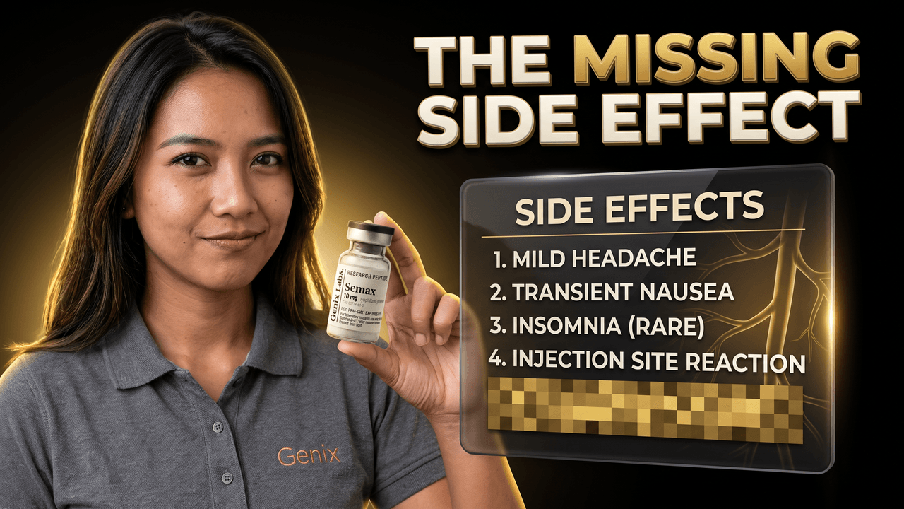 Semax side effects graded by evidence, showing a Genix Labs semax vial beside a side effect list with the blood clotting row hidden