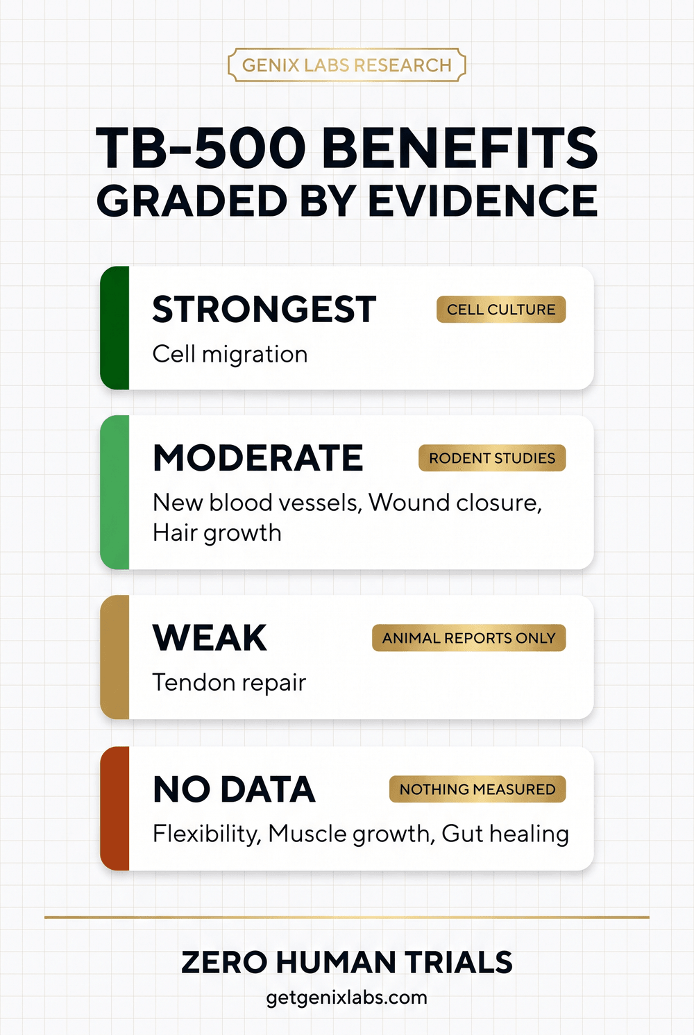 Infographic grading every claimed TB-500 benefit by evidence tier, from cell culture and rodent studies up to human trials, with tendon, flexibility and muscle claims marked as unproven