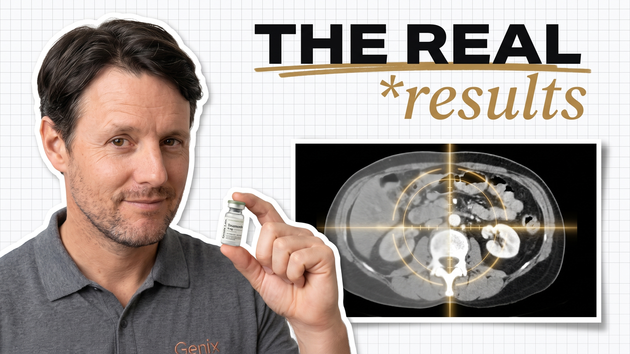Tesamorelin before and after research results explained, showing a Genix Labs tesamorelin vial and a shrinking visceral belly-fat scan