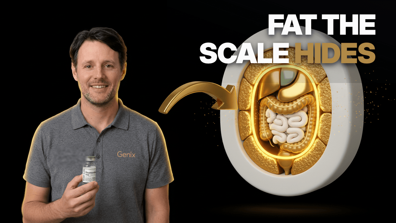 Tesamorelin benefits shown as a cross-section of the abdomen where the deep visceral fat around the organs burns away in gold while the fat under the skin stays intact, beside a Genix Labs tesamorelin vial