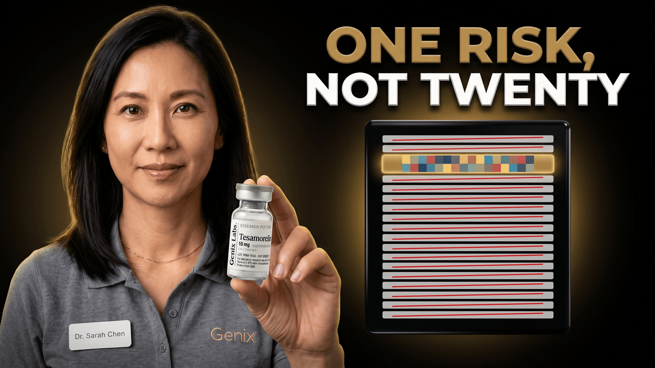 Tesamorelin side effects explained, with a Genix Labs tesamorelin vial beside a clinical data panel of twenty struck-out reactions and one censored row