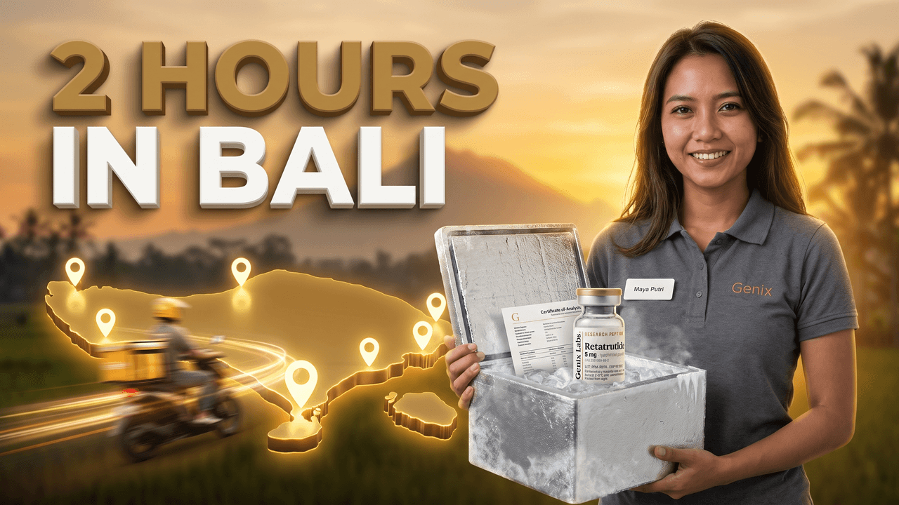 Genix Labs lab-tested research peptide vial delivered same-day in Bali